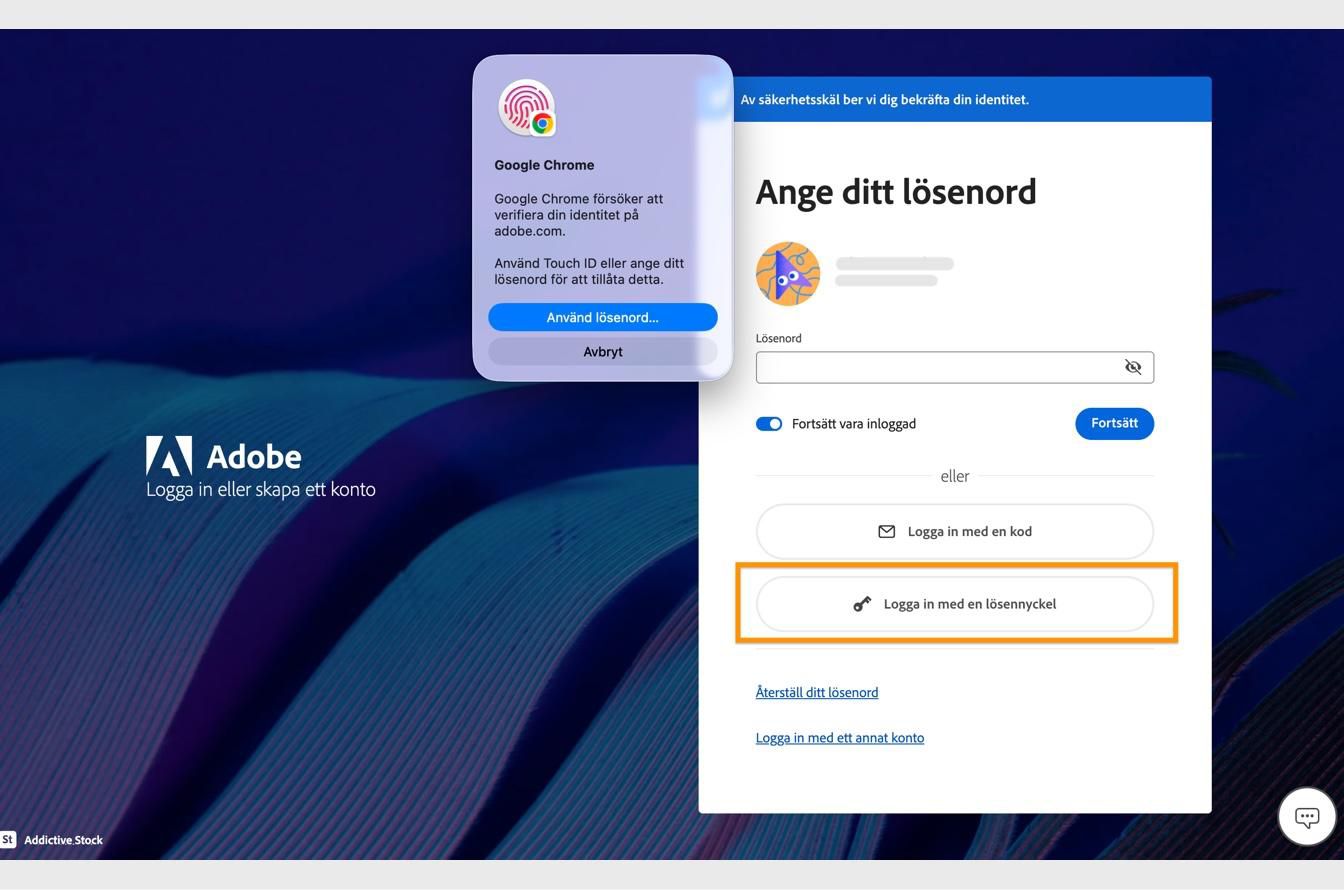 Verifieringsprompten, som visas efter att du valt Logga in med en nyckel, gör att du kan verifiera din identitet med hjälp av biometri eller lösenord. 