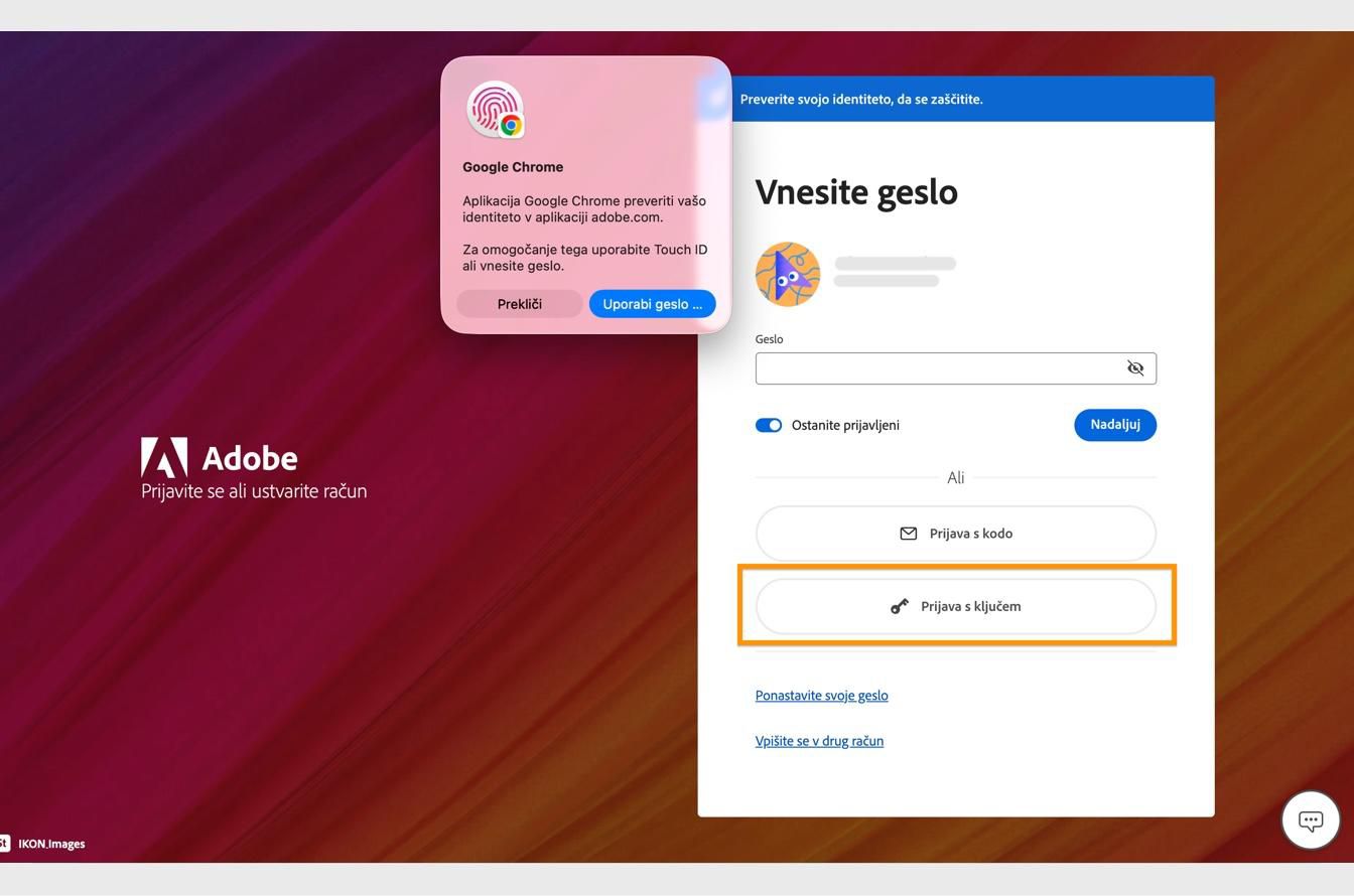 Poziv za preverjanje, ki se prikaže, ko izberete Prijava s ključem za dostop, vam omogoča preverjanje identitete z biometrijo ali geslom. 