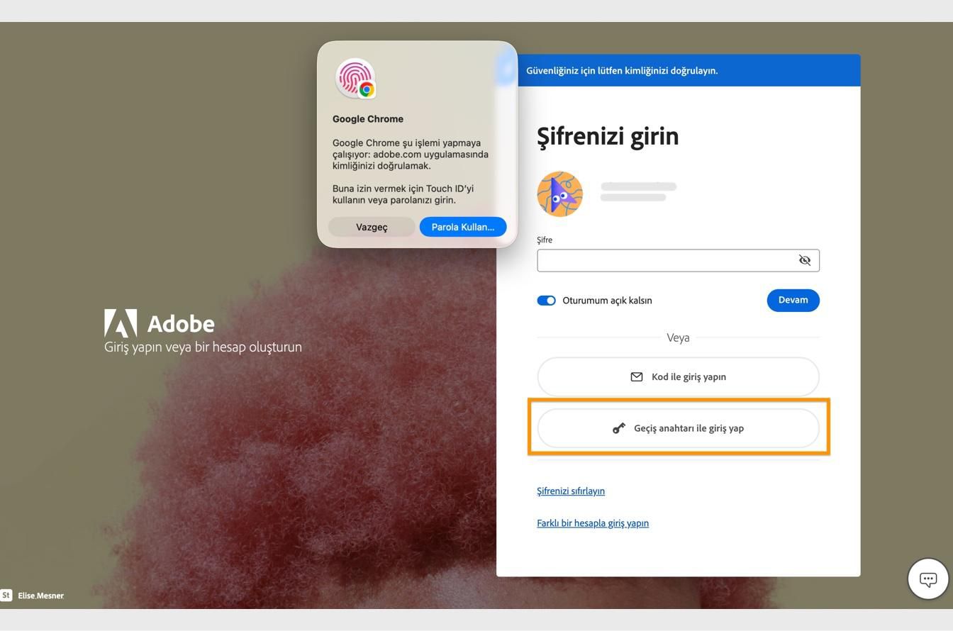 Geçiş anahtarı ile oturum aç seçeneğini belirledikten sonra görüntülenen doğrulama istemi, biyometrik verilerinizi veya parolanızı kullanarak kimliğinizi doğrulamanıza olanak tanır. 