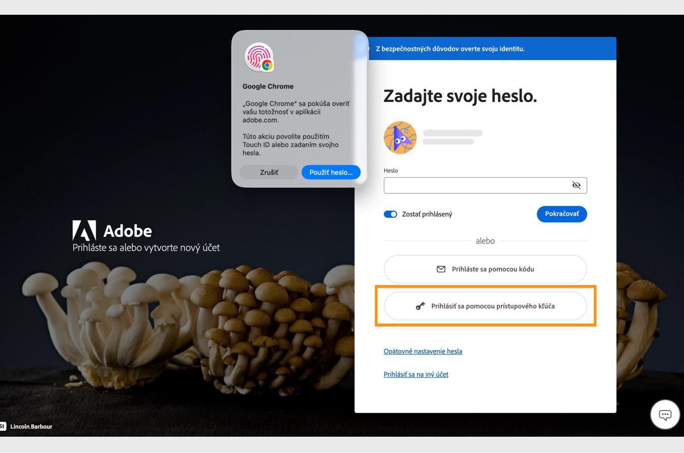 Výzva na overenie, ktorá sa zobrazí po výbere možnosti Prihlásiť sa pomocou prístupového kľúča, vám umožňuje overiť svoju identitu pomocou biometrických údajov alebo hesla. 