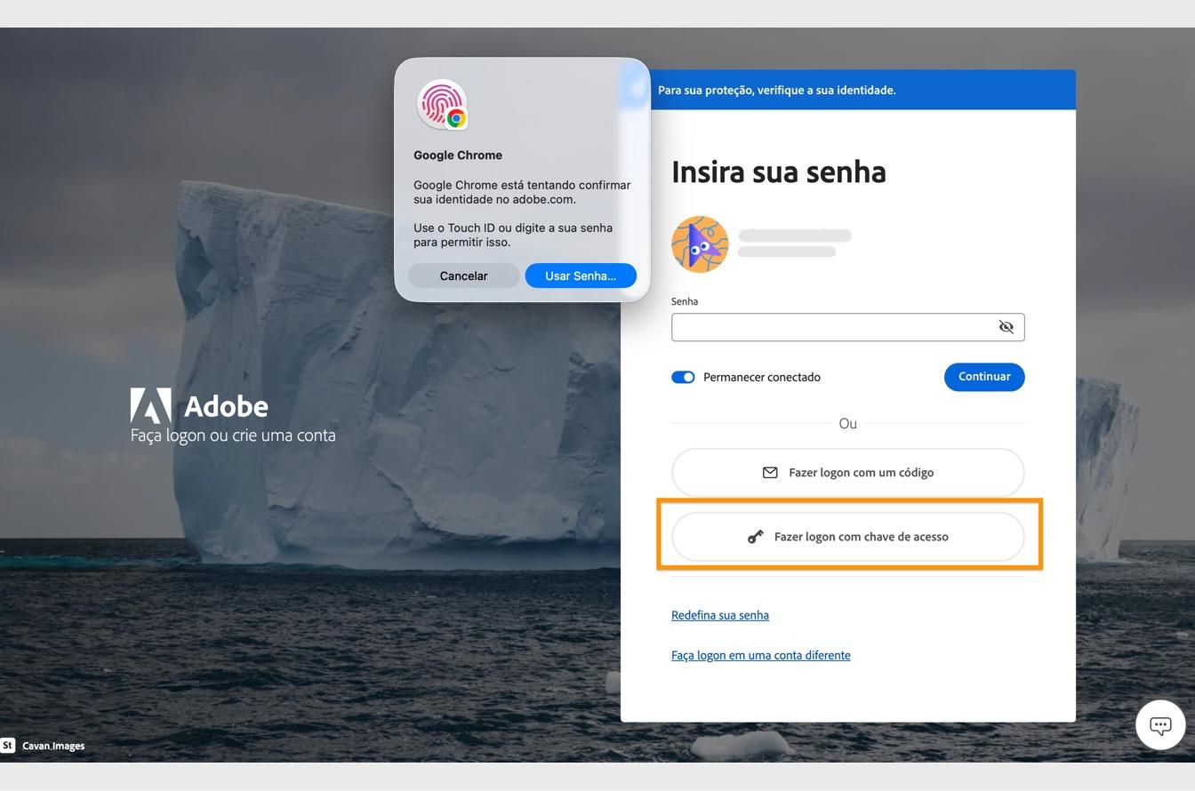 O prompt de verificação, que aparece depois de selecionar Fazer logon com uma chave de acesso, permite verificar sua identidade usando biometria ou senha. 