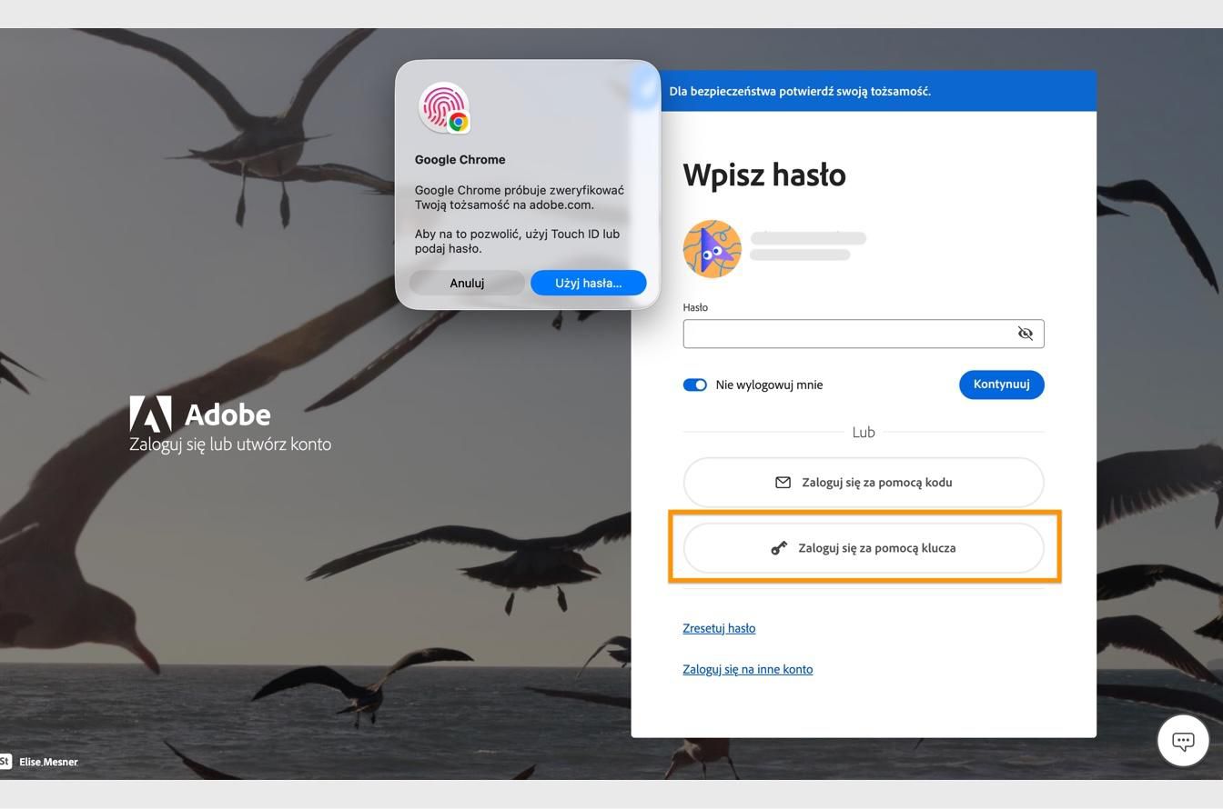 Polecenie weryfikacji, które pojawia się po wybraniu opcji Zaloguj się za pomocą klucza dostępu, umożliwia weryfikację tożsamości za pomocą danych biometrycznych lub hasła. 