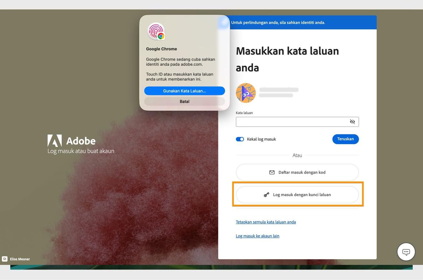 Gesaan pengesahan, yang dipaparkan selepas anda memilih Daftar masuk dengan kunci laluan, membolehkan anda mengesahkan identiti anda menggunakan biometrik atau kata laluan anda. 