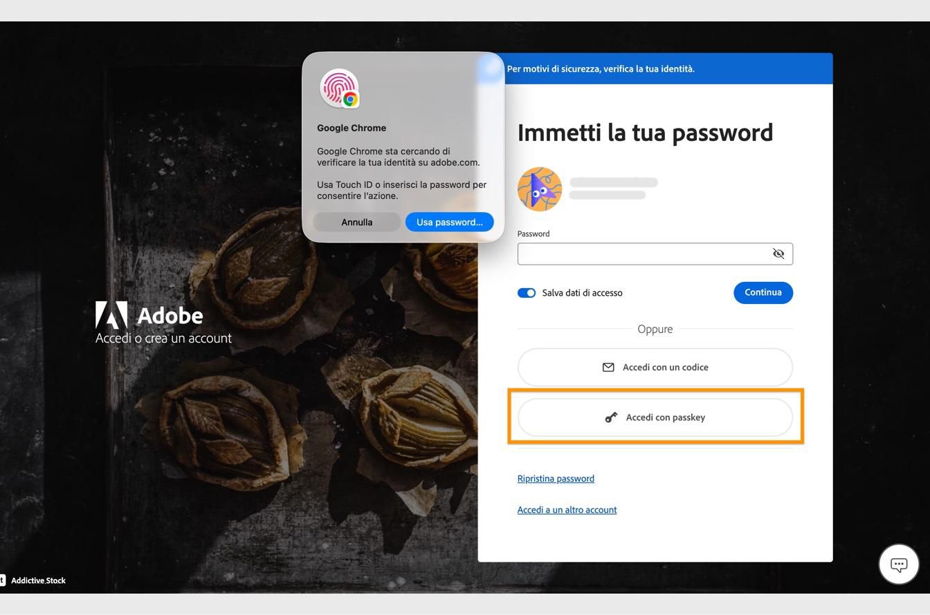 Il prompt di verifica, che viene visualizzato dopo aver selezionato Accedi con una passkey, ti consente di verificare la tua identità utilizzando i dati biometrici o la password. 
