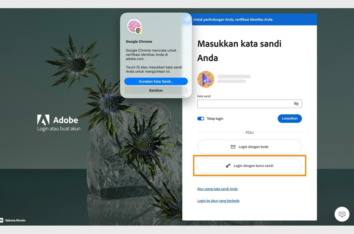 Prompt verifikasi, yang muncul setelah Anda memilih Login dengan kunci sandi, memungkinkan Anda memverifikasi identitas menggunakan biometrik atau kata sandi.