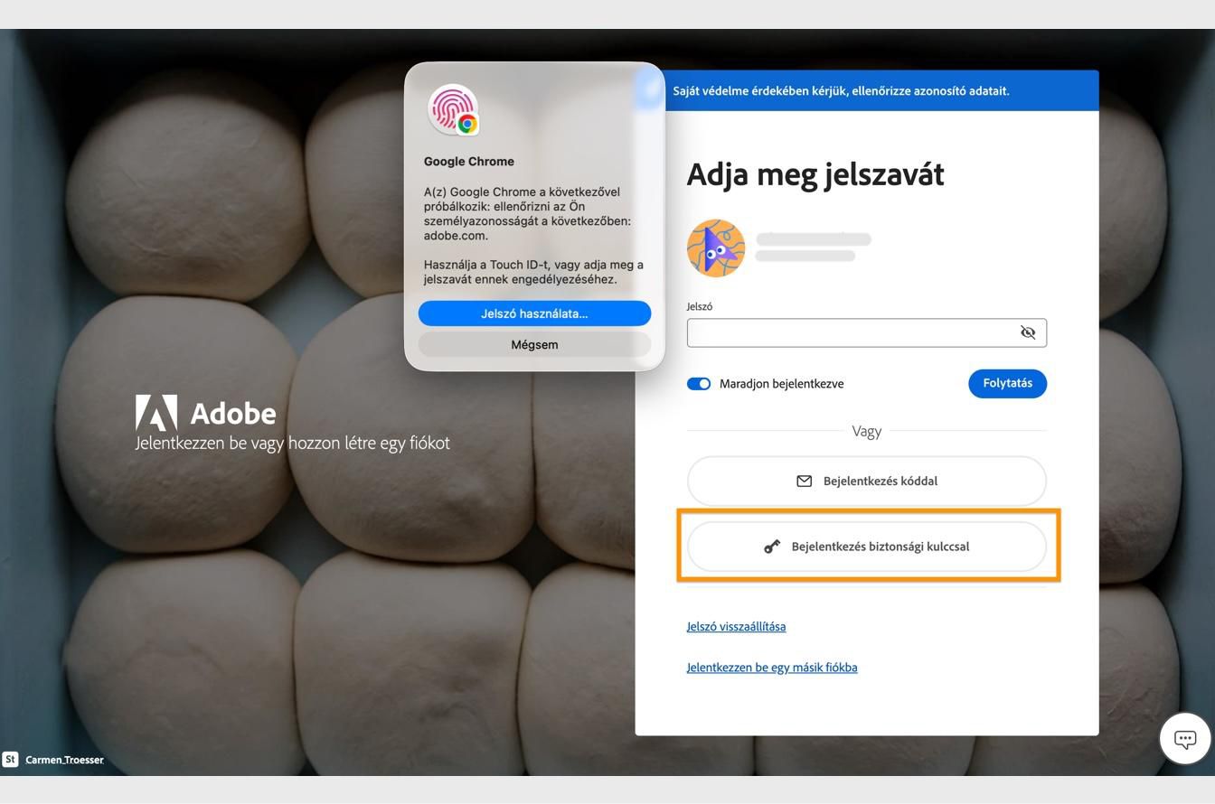 A Bejelentkezés jelszókulccsal lehetőség kiválasztása után megjelenő ellenőrzési utasítás lehetővé teszi, hogy biometrikus adatok vagy jelszó segítségével igazolja személyazonosságát.