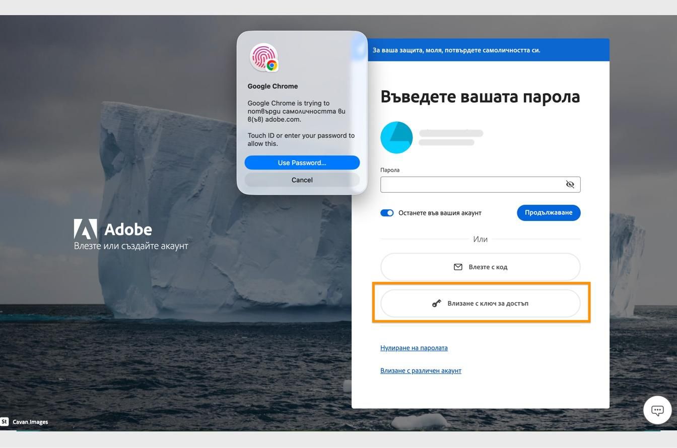 Подканата за потвърждение, която се появява след като изберете „Влизане" с ключ за достъп, ви позволява да потвърдите самоличността си чрез биометричните си данни или парола.