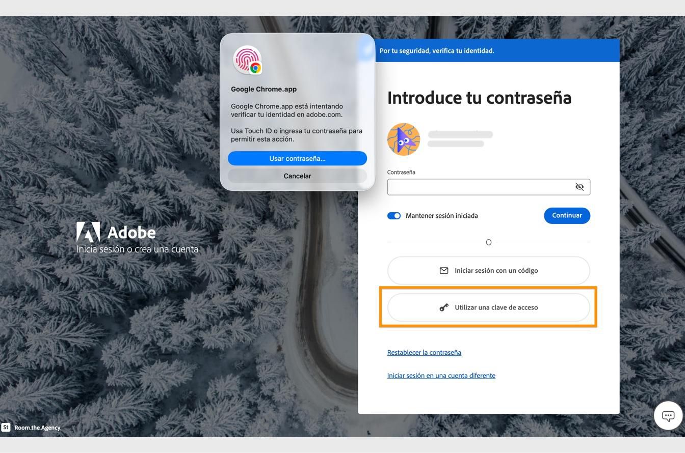 La indicación de verificación, que aparece después de seleccionar Iniciar sesión con una clave de acceso, le permite verificar su identidad usando sus datos biométricos o contraseña. 