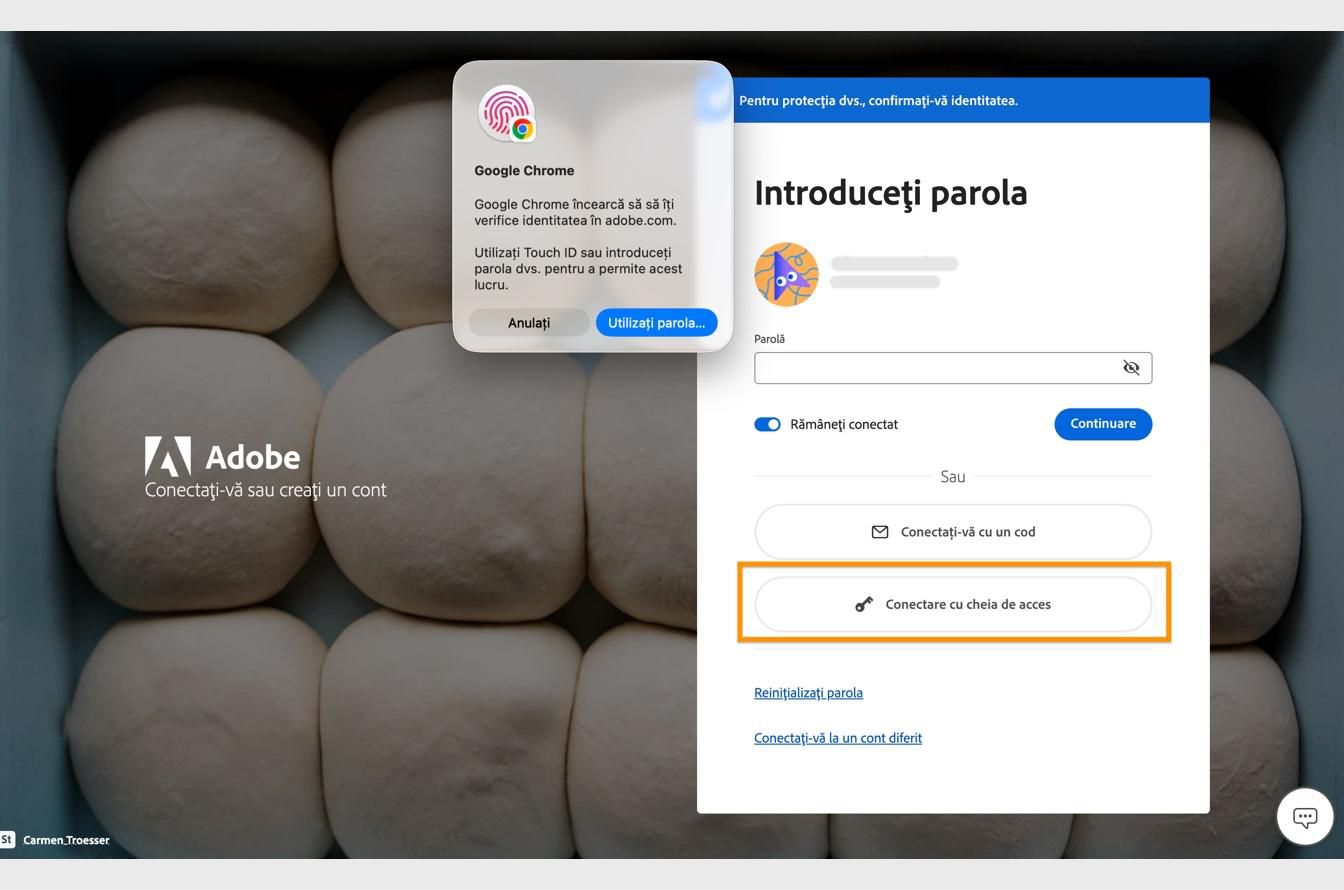 Indicația de verificare, care apare după ce selectați Conectare cu o cheie de acces, vă permite să vă verificați identitatea utilizând datele biometrice sau parola.