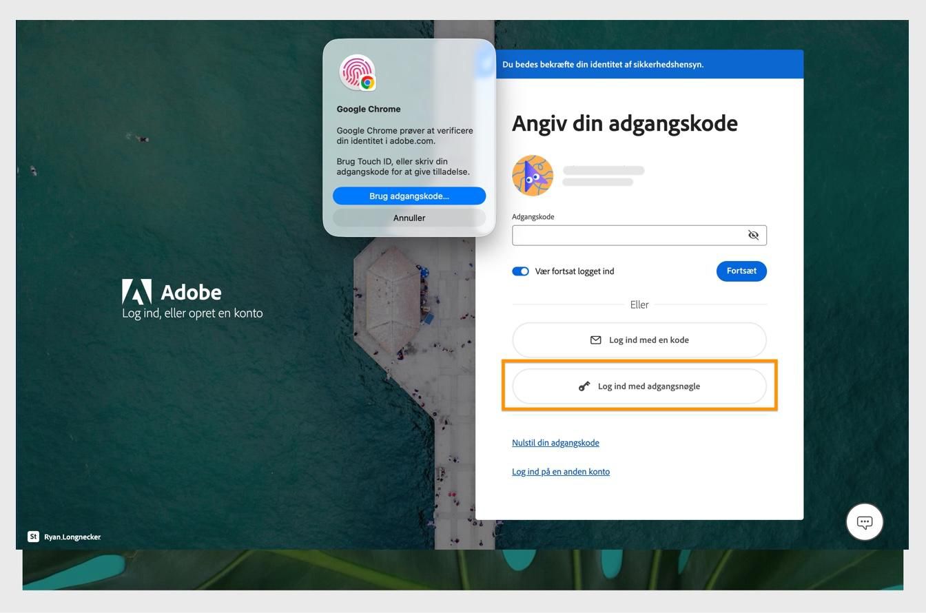 Bekræftelsesprompten, som vises, efter du vælger Log ind med en adgangsnøgle, giver dig mulighed for at bekræfte din identitet ved hjælp af din biometri eller adgangskode.