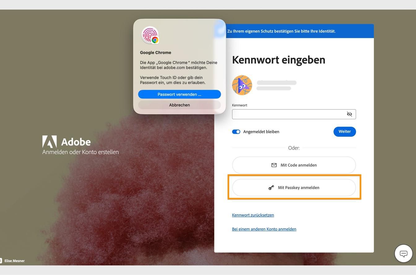 Über den Bestätigungs-Prompt, der angezeigt wird, nachdem du „Mit einem Schlüssel anmelden“ ausgewählt hast, kannst du deine Identität mithilfe deiner biometrischen Daten oder deines Kennworts bestätigen. 