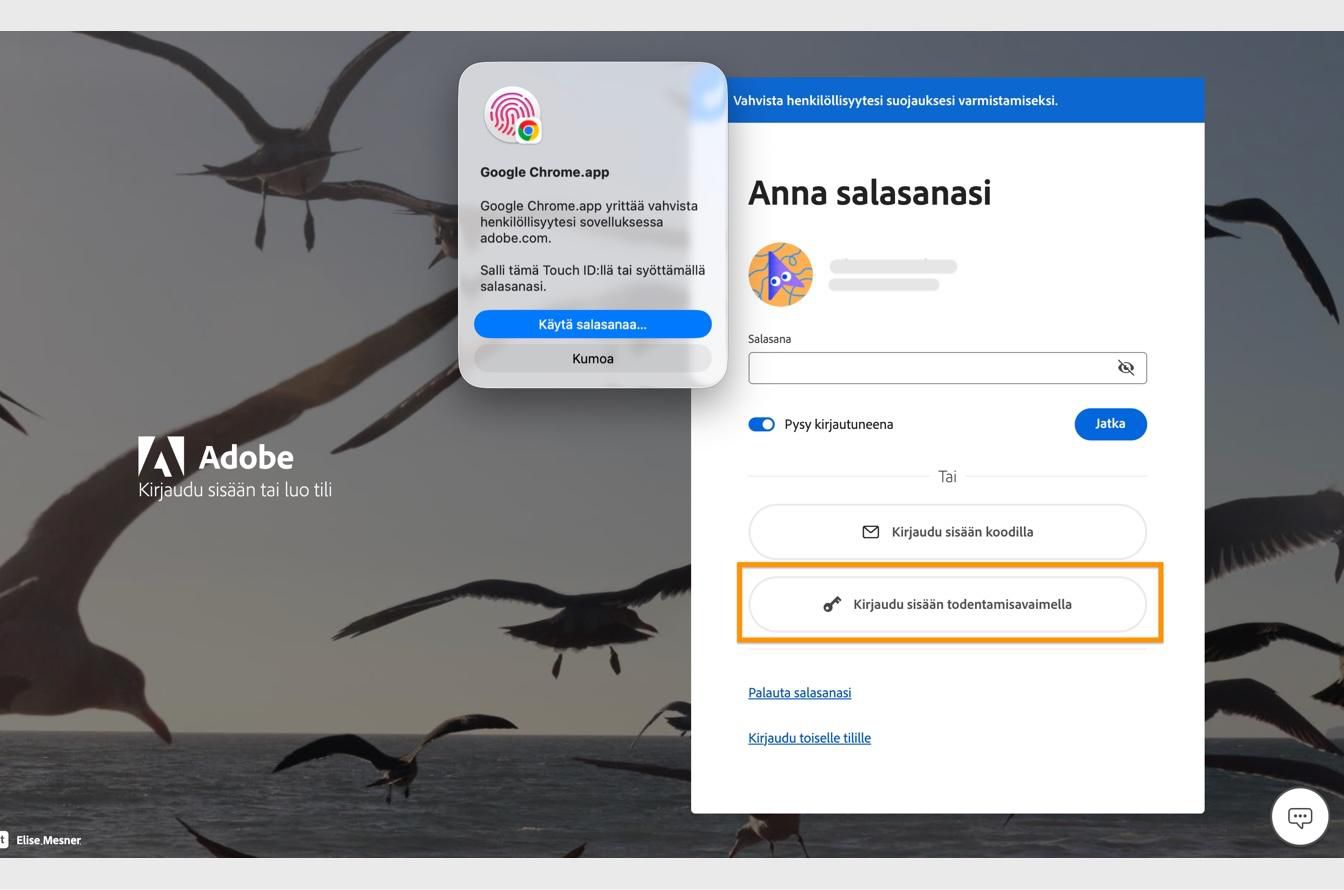 Kirjaudu sisään todentamisavaimella -kohdan valitsemisen jälkeen näkyvä vahvistuskehote auttaa vahvistamaan henkilöllisyytesi biometrisilla tiedoilla tai salasanalla. 