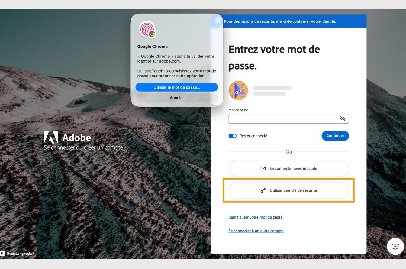 L’invite de vérification, qui apparaît après avoir sélectionné Se connecter avec une clé d’accès, vous permet de vérifier votre identité en utilisant vos données biométriques ou votre mot de passe. 