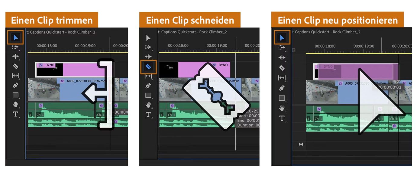 Es gibt grundlegende Bearbeitungstools wie Trimmen, Schneiden und Neupositionieren, die du im Schnittfenster in Adobe Premiere verwenden kannst.