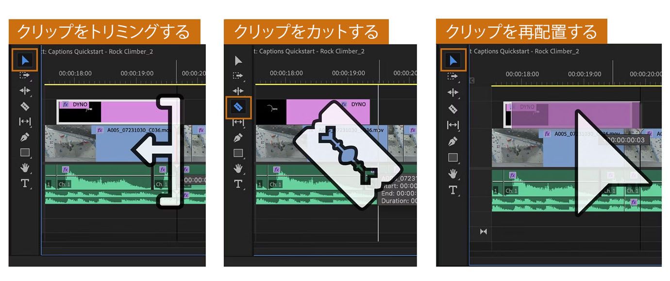 Adobe Premiereのタイムラインで使用できるトリミング、カット、再配置などの基本的な編集ツールがあります。