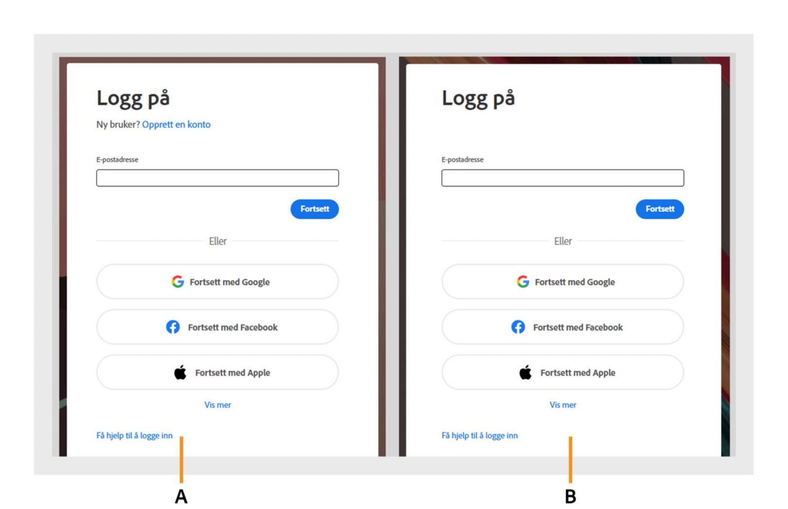 Det er to dialogbokser for pålogging i Acrobat, med alternativet Opprett en konto vist i venstre dialogboks og skjult i høyre dialogboks. 