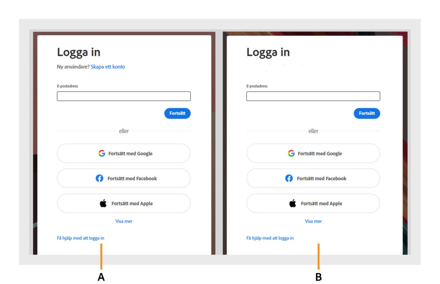 Det finns två inloggningsdialogrutor i Acrobat, med alternativet Skapa ett konto som visas i dialogrutan till vänster och som är dolt i dialogrutan till höger. 