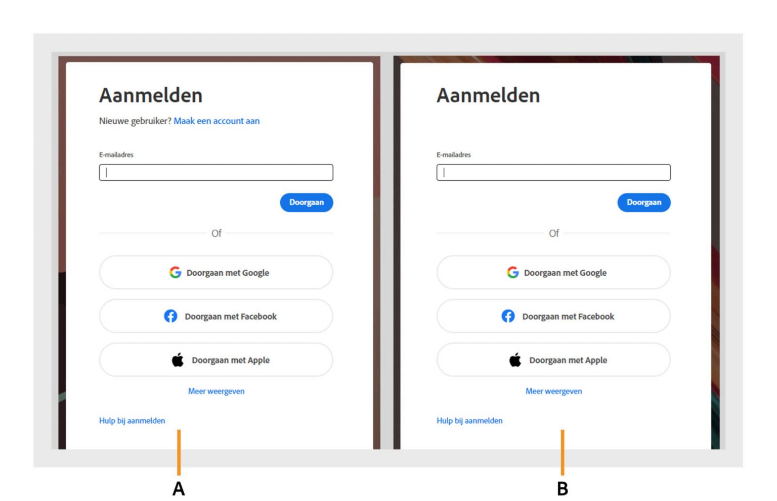 Er zijn twee aanmeldingsdialoogvensters in Acrobat, waarbij de optie Een account maken wordt weergegeven in het linkerdialoogvenster en verborgen in het rechterdialoogvenster. 