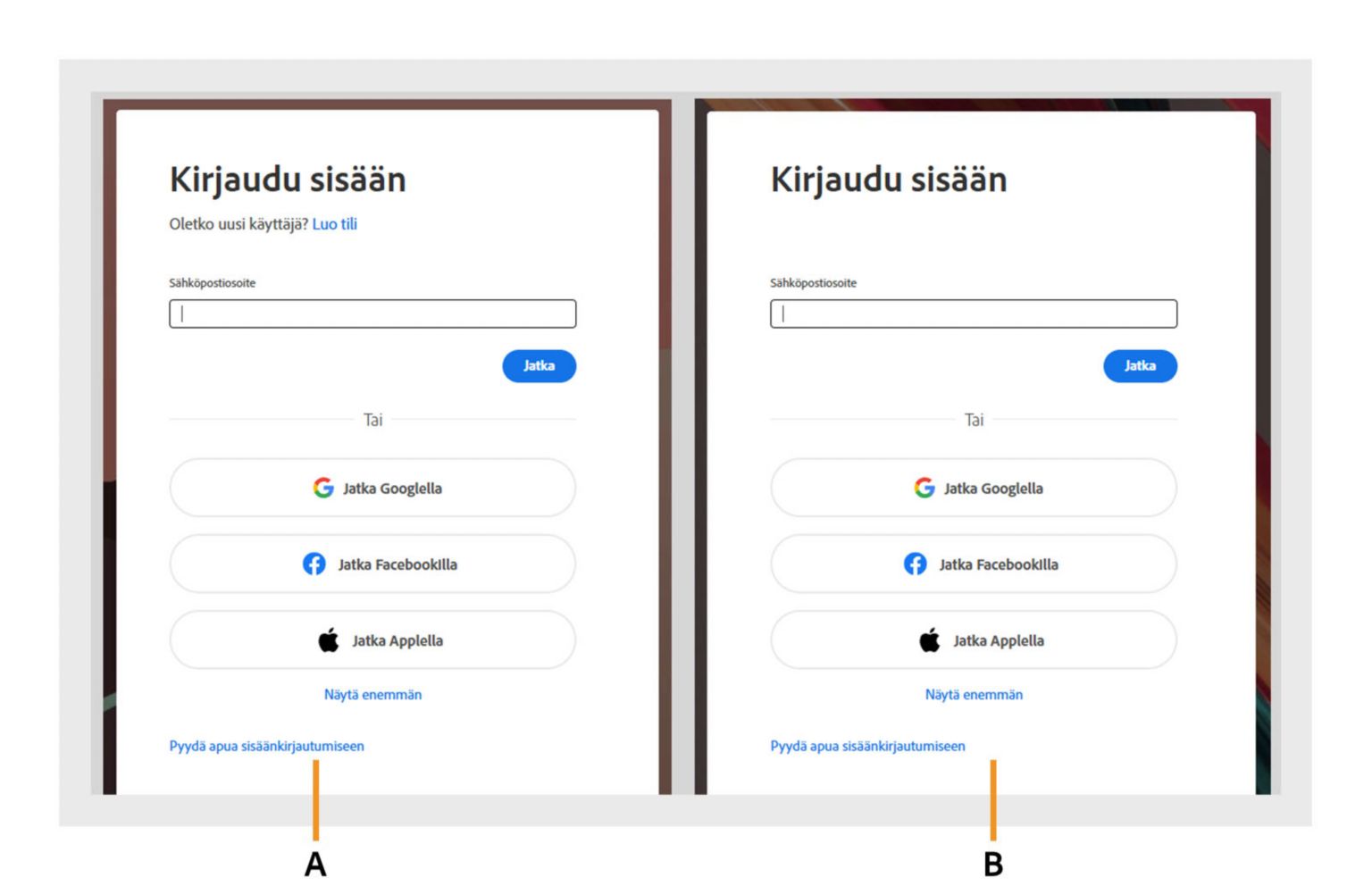 Acrobatissa on kaksi kirjautumisvalintaikkunaa, joista vasemmanpuoleisessa näkyy Luo tili -vaihtoehto ja oikeanpuoleisessa se on piilotettu. 