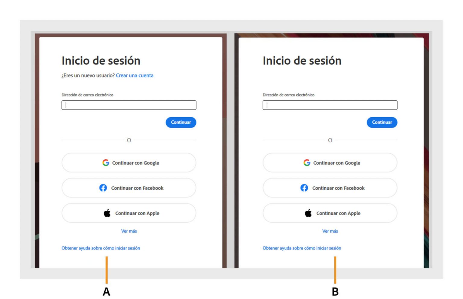 En Acrobat hay dos cuadros de diálogo de inicio de sesión, con la opción Crear una cuenta que se muestra en el cuadro de diálogo izquierdo y se oculta en el cuadro de diálogo derecho. 