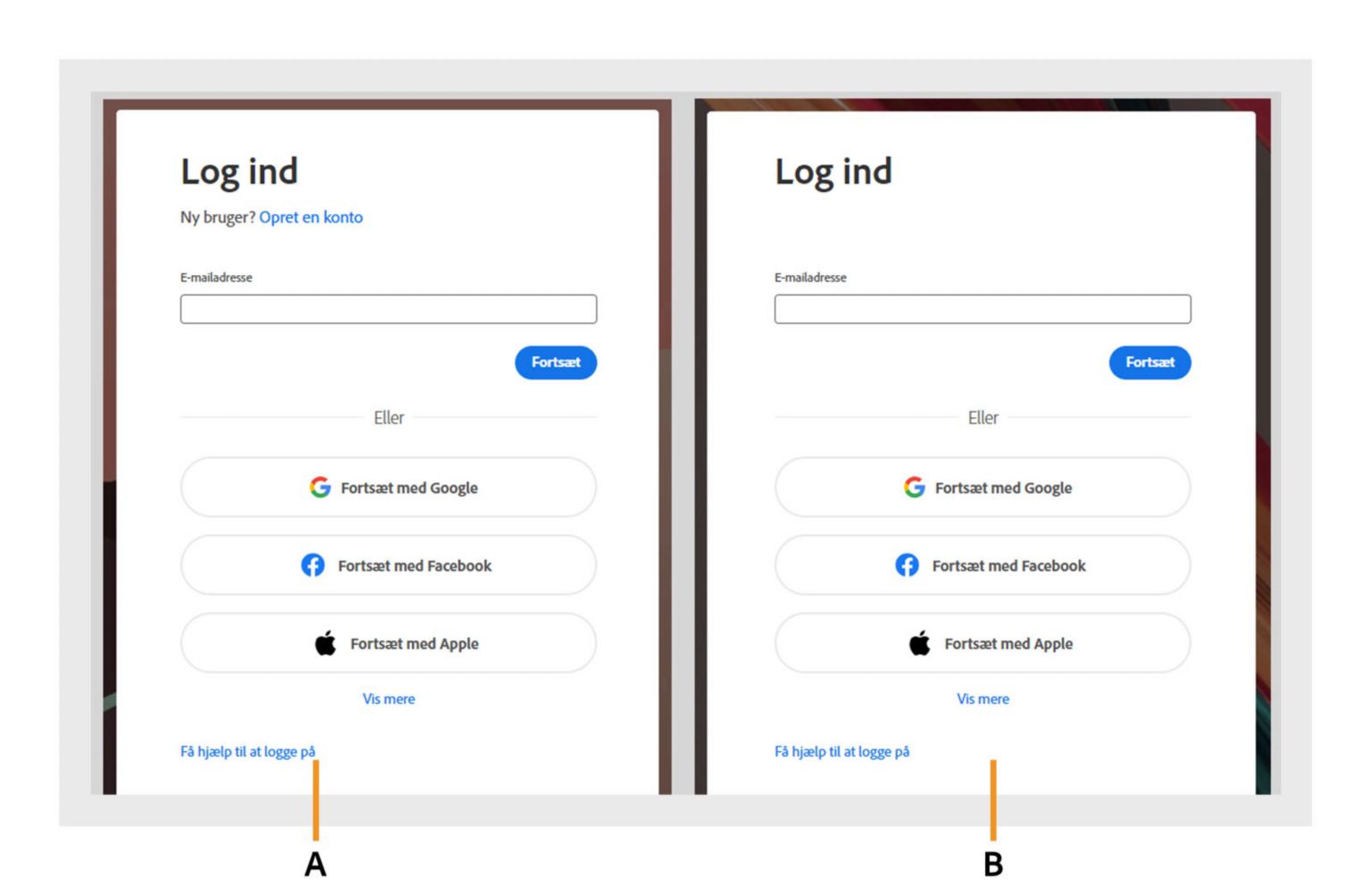 Der er to logindialogbokse i Acrobat med muligheden Opret en konto vist i venstre dialogboks og skjult i højre dialogboks. 