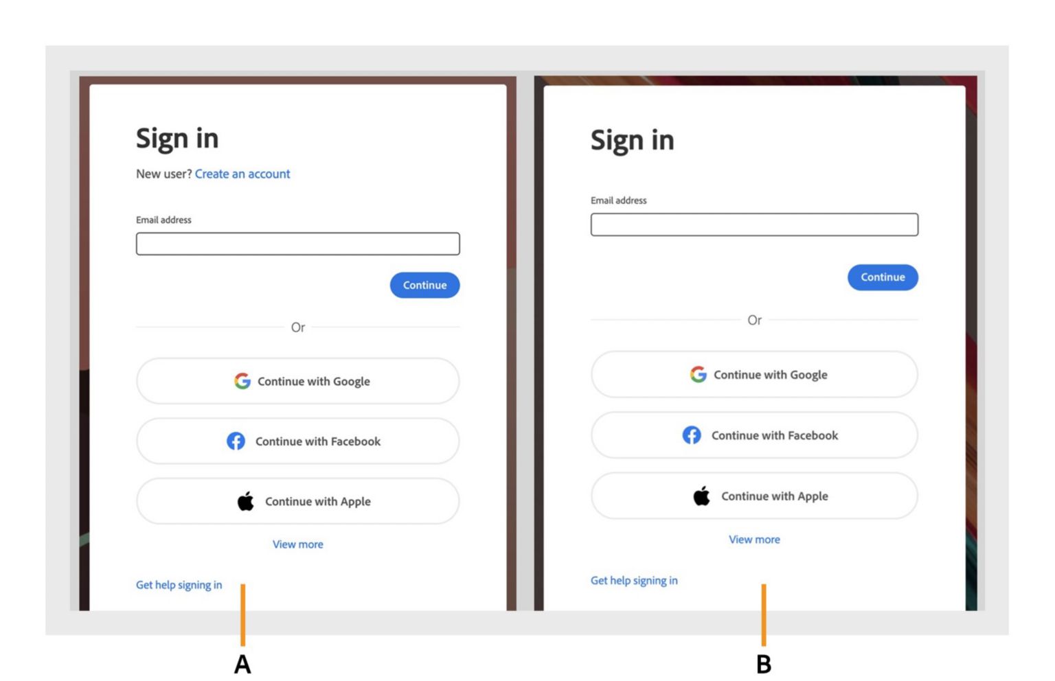 May dalawang sign-in dialog sa Acrobat, kung saan ang Create an account na opsyton ay naka-display sa kaliwang dialog at nakatago sa kanang dialog. 