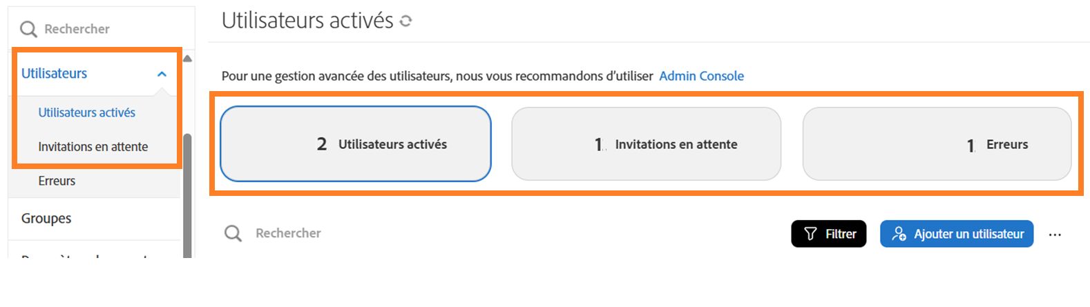 Page Utilisateurs avec les trois boutons permettant de changer de vue mis en évidence