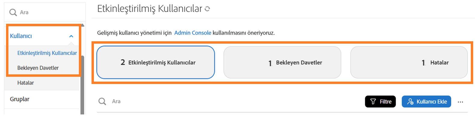 Görünümleri değiştirmek için üç düğmenin vurgulandığı Kullanıcılar sayfası