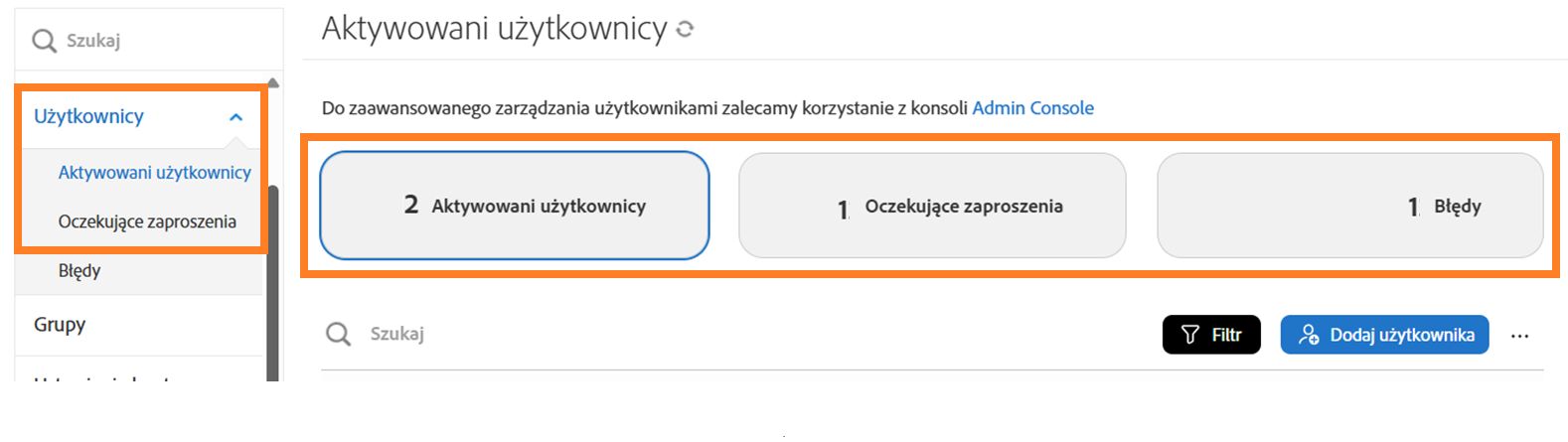 Strona Użytkownicy z podświetlonymi trzema przyciskami do zmiany widoku