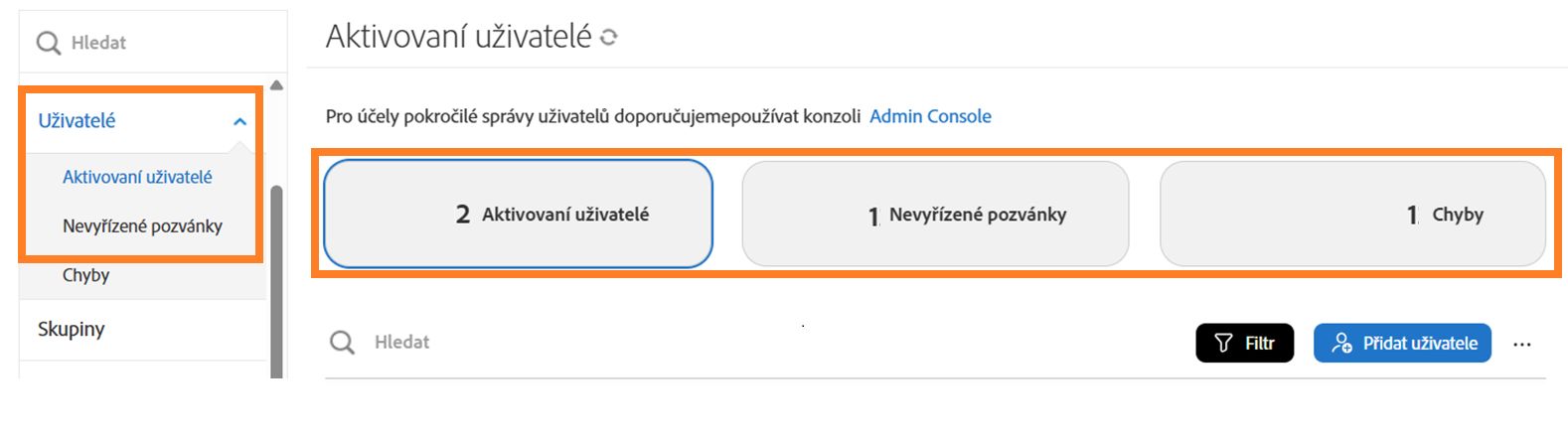 Stránka Uživatelé se zvýrazněnými třemi tlačítky pro změnu zobrazení