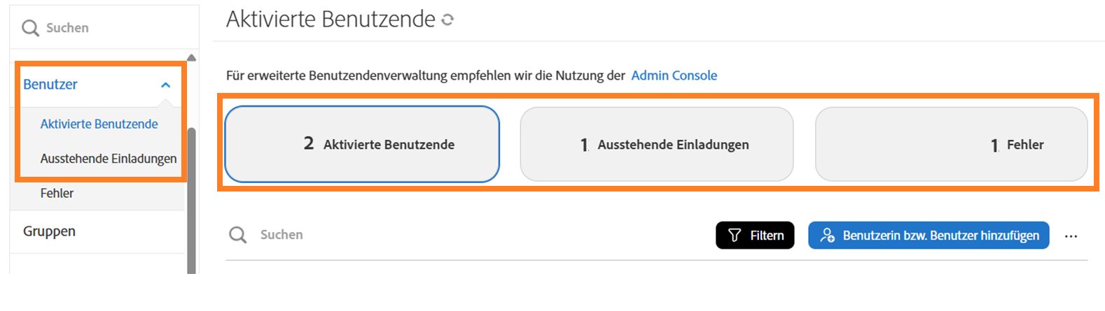 Die Seite „Benutzende“, auf der die drei Schaltflächen zum Wechseln der Ansichten hervorgehoben sind