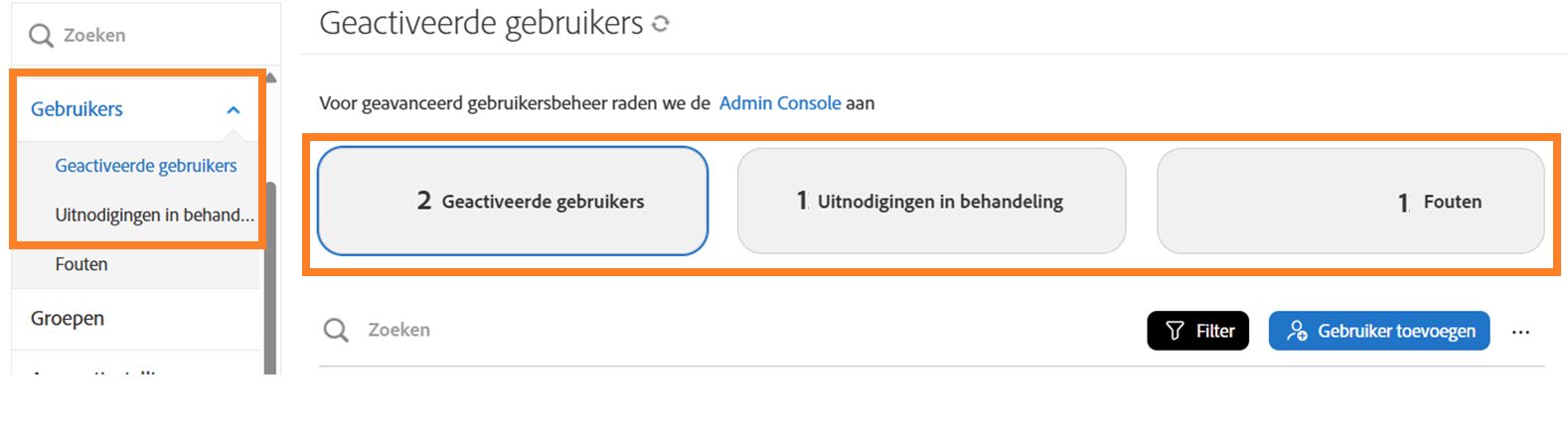 De pagina Gebruikers met de drie knoppen voor wijziging van weergaven gemarkeerd