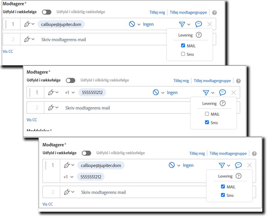 Siden Send, der viser tre modtagerposter: én med Kun mail valgt, én med Kun sms valgt og den tredje med begge valgt