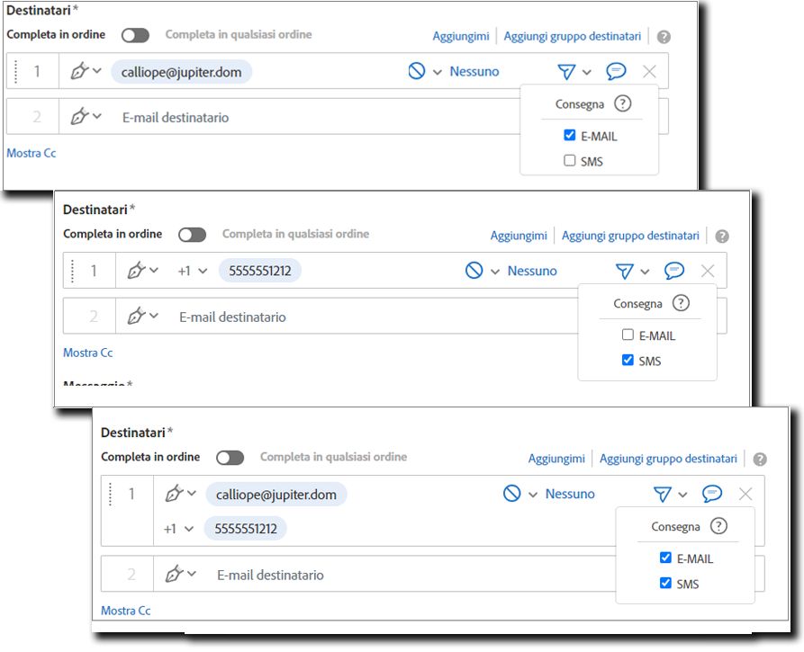 Pagina Invia che mostra tre record dei destinatari, uno con l’e-mail selezionata, uno con solo l’opzione SMS selezionata e il terzo con selezionate entrambi