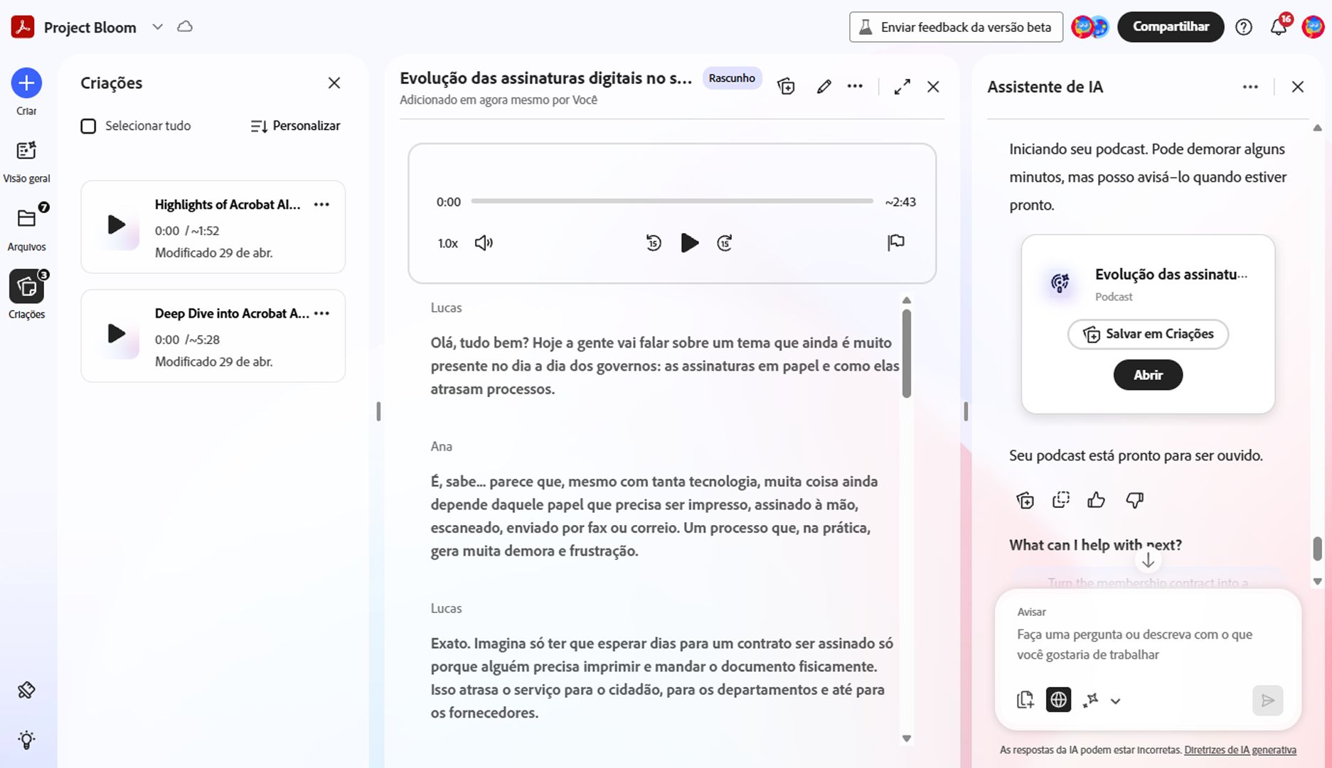 Interface do PDF Space de três painéis mostrando Criações à esquerda com itens reproduzíveis, visão geral no centro com resumo e arquivos, e Assistente de IA à direita com geração de apresentações e entrada de prompt.