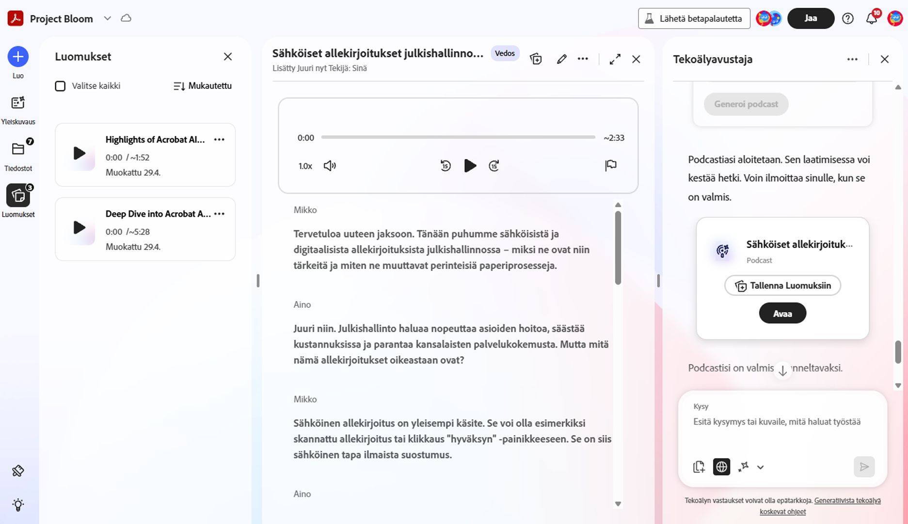Kolmipaneelinen PDF Space -käyttöliittymä, jossa vasemmalla on luomukset toistettavine kohteineen, keskellä yleiskatsaus yhteenvetoineen ja tiedostoineen sekä oikealla Tekoälyavustaja esitysten luontia ja kehotteen syöttöä varten.