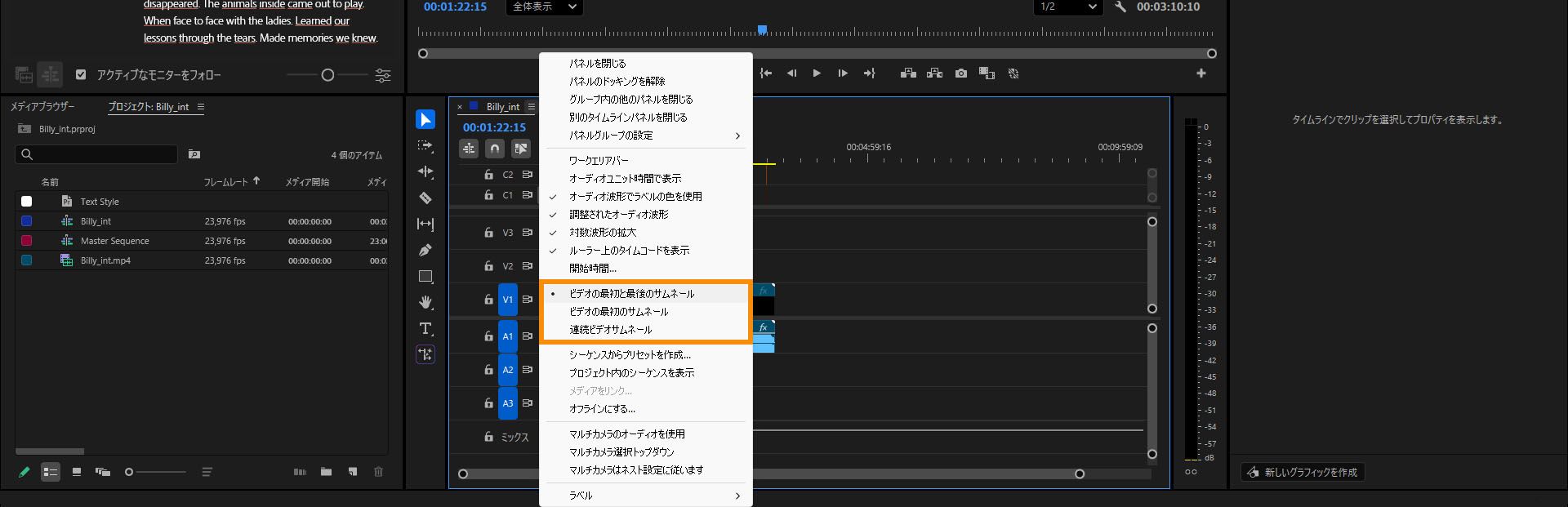 ビデオヘッドとテールのサムネイル、ビデオヘッドのサムネイル、連続したビデオのサムネイルを表示するオプションを示すメニューがあるタイムラインパネル。          ChatGPT に質問