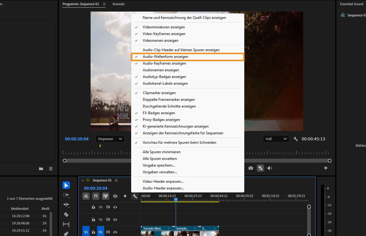 Menü „Einstellungen für die Timeline-Anzeige“, in dem die Option „Audio-Wellenform anzeigen“ ausgewählt ist, um die Wellenformen in den Audiospuren anzuzeigen.