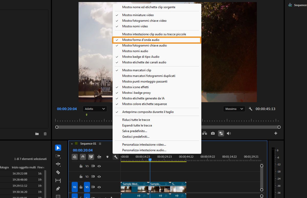 Menu Impostazioni visualizzazione Timeline con Mostra forma d'onda audio selezionato per visualizzare le forme d'onda nelle tracce audio.