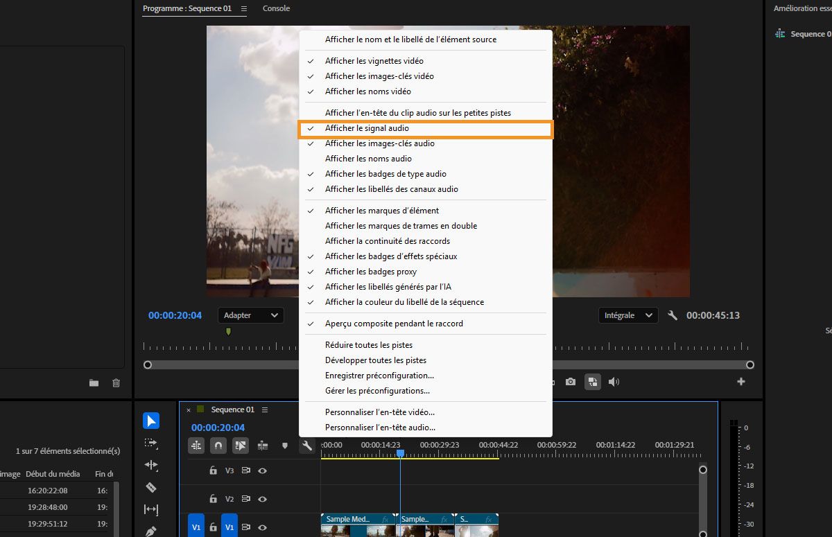 Dans le menu Paramètres d'affichage du montage, l'option Afficher la forme d'onde audio est sélectionnée pour afficher les formes d'onde dans les pistes audio.