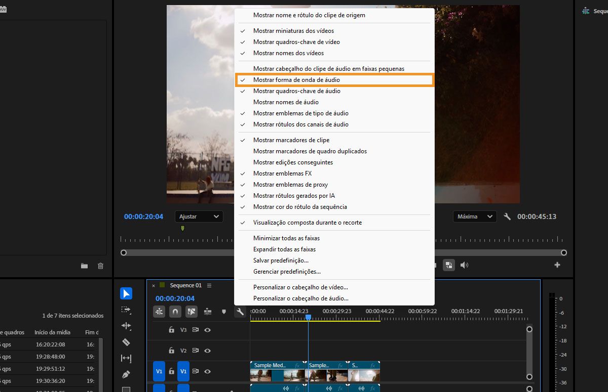 Menu Configurações de exibição da linha do tempo com Mostrar forma de onda de áudio selecionado para exibir formas de onda em faixas de áudio.