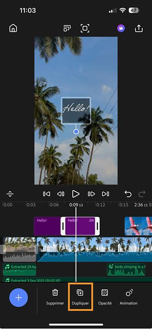 La fenêtre de montage dans Premiere affiche un clip de texte sélectionné avec l’option Dupliquer mise en évidence au bas de l’écran.
