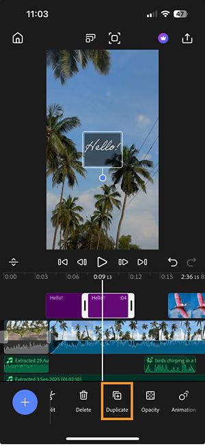 Timeline in Premiere showing a text clip selected with the Duplicate option highlighted at the bottom of the screen.