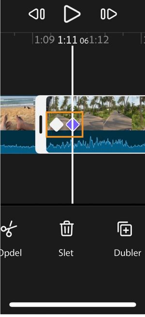Tidslinje, der viser to keyframe-ikoner på et valgt klip.