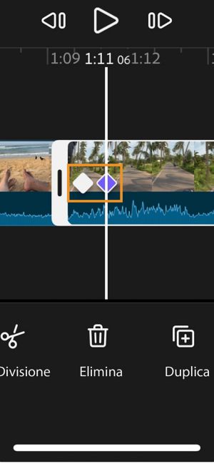 timeline che mostra due icone di fotogrammi chiave su una clip selezionata.
