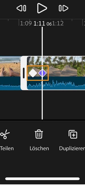 Timeline mit zwei Keyframe-Symbolen auf einem ausgewählten Clip.