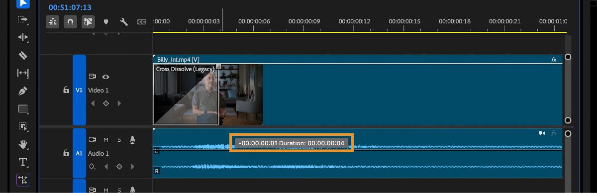 Timeline view showing a video clip with a Cross Dissolve transition applied using a clip handle, with the transition duration highlighted.