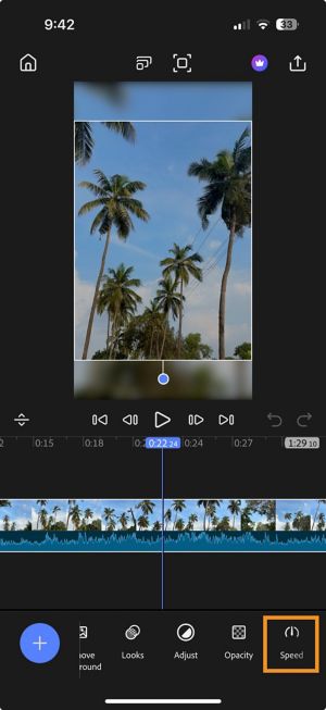 Timeline view with a clip selected and the Speed option highlighted in the bottom toolbar for adjusting playback speed.