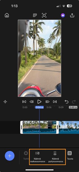 Aikajananäkymä, jossa on valittu leike ja alareunan työkalurivissä korostetut Käännä H- ja Käännä V -vaihtoehdot.