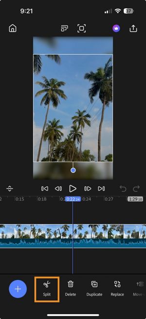 Timeline view with a video clip selected and the Split option highlighted in the bottom toolbar for dividing the clip.